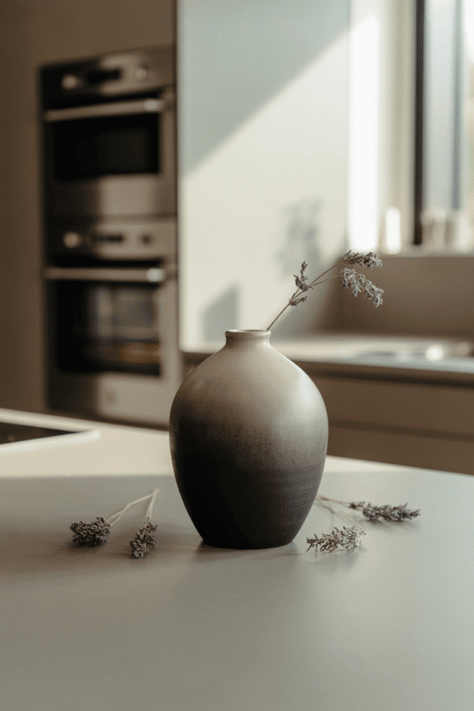 Minimalist kitchen counter with a single statement piece, showcasing clean design and refined elegance