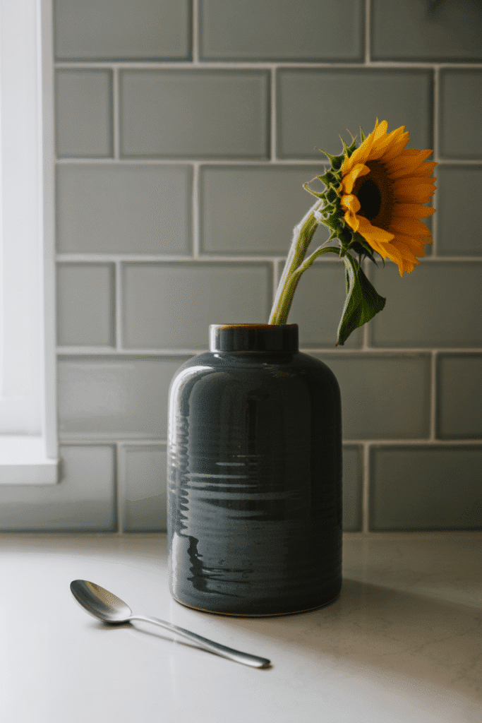 Minimalist kitchen counter with a single statement piece, showcasing clean design and refined elegance