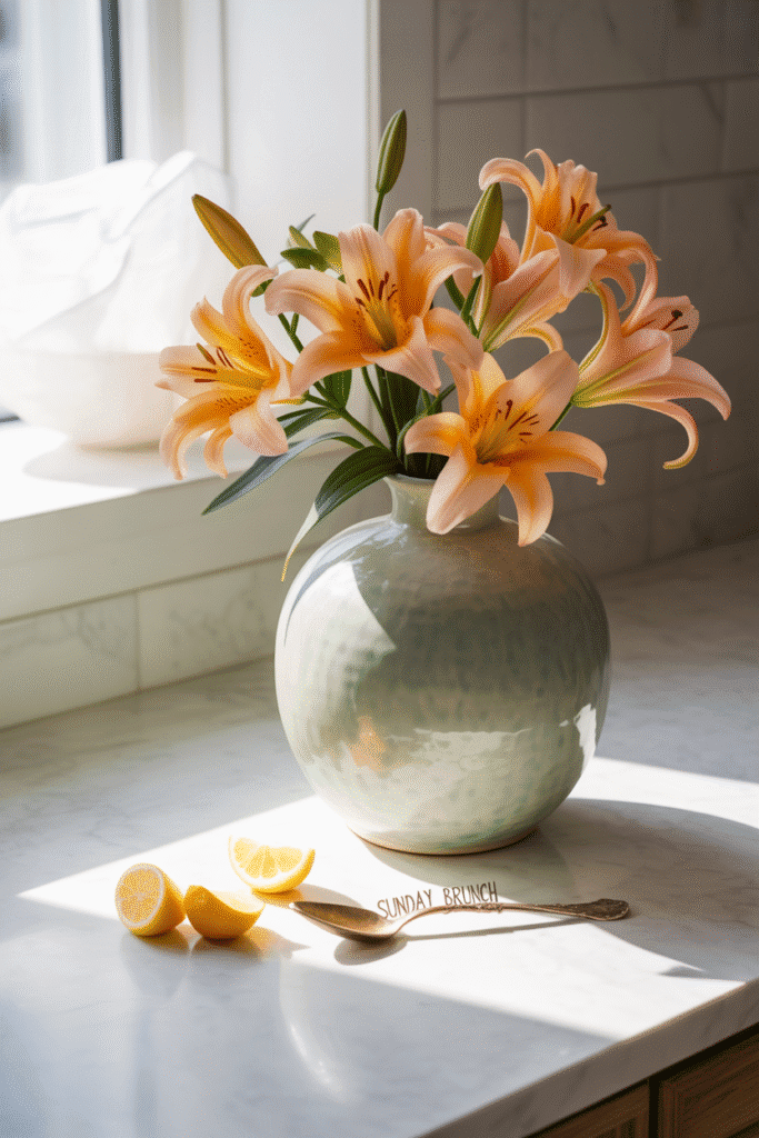 Minimalist kitchen counter with a single statement piece, showcasing clean design and refined elegance