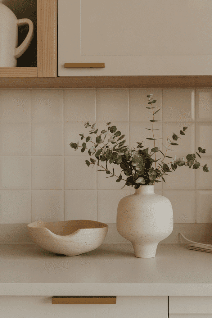 Minimalist kitchen counter with a single statement piece, showcasing clean design and refined elegance