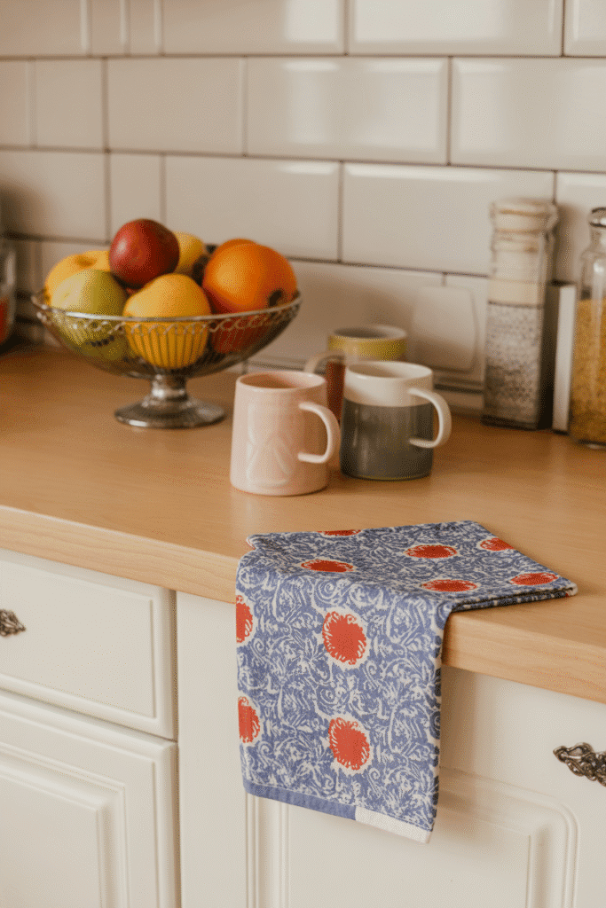 A countertop featuring quirky, colorful kitchen tools such as a fun tea kettle, a bright fruit bowl, and a retro-style toaster, creating a playful and personal kitchen vibe