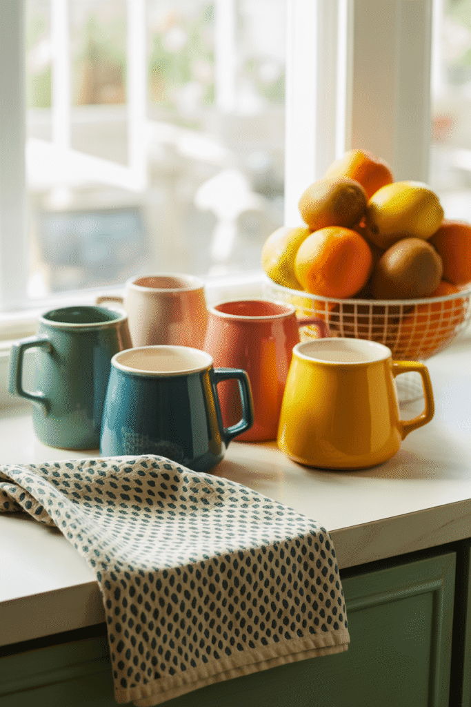 A countertop featuring quirky, colorful kitchen tools such as a fun tea kettle, a bright fruit bowl, and a retro-style toaster, creating a playful and personal kitchen vibe