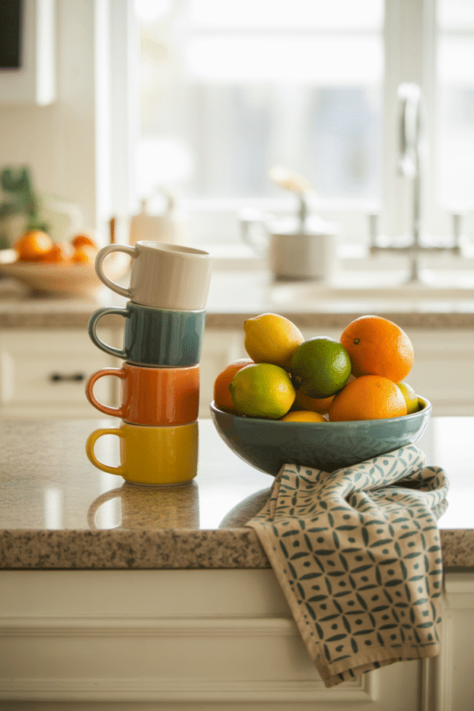 A countertop featuring quirky, colorful kitchen tools such as a fun tea kettle, a bright fruit bowl, and a retro-style toaster, creating a playful and personal kitchen vibe