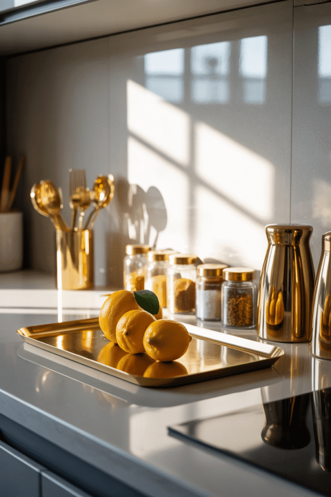 Gold accents on kitchen countertop, including canisters and a tray, adding glamour and sophistication