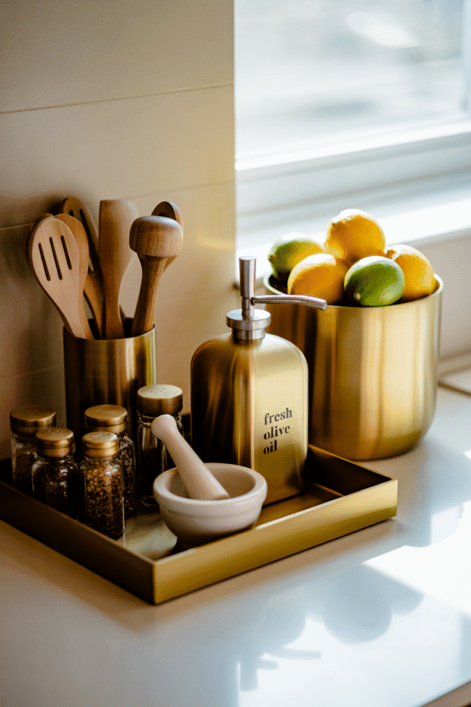 Gold accents on kitchen countertop, including canisters and a tray, adding glamour and sophistication