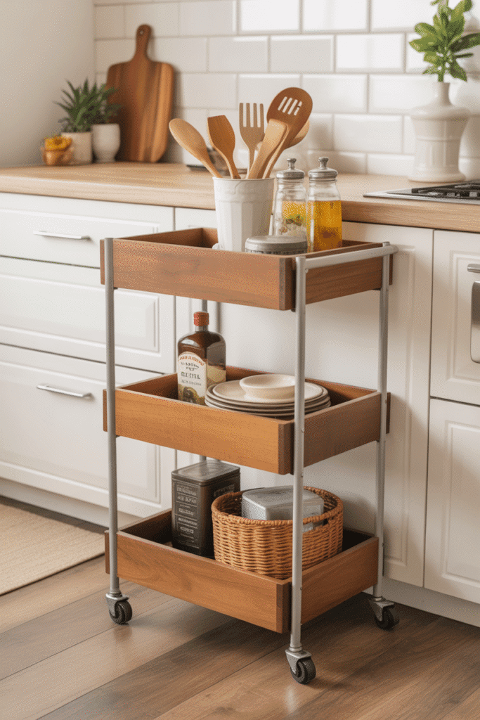 Rolling cart in the kitchen for extra storage and style, holding kitchen essentials like condiments and decorative items
