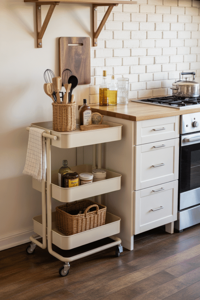 Rolling cart in the kitchen for extra storage and style, holding kitchen essentials like condiments and decorative items