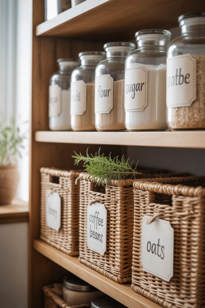 Customizable labeled jars and canisters on the kitchen countertop, adding organization and style to the space