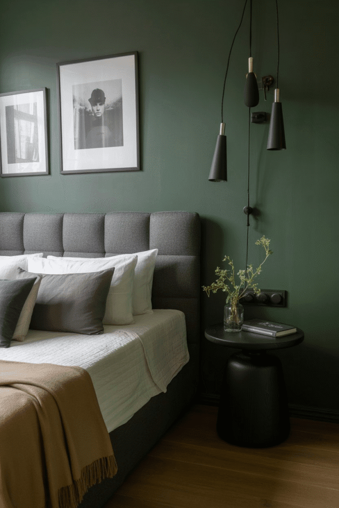 Black accents add sharp contrast and sophistication to a moody green bedroom.
