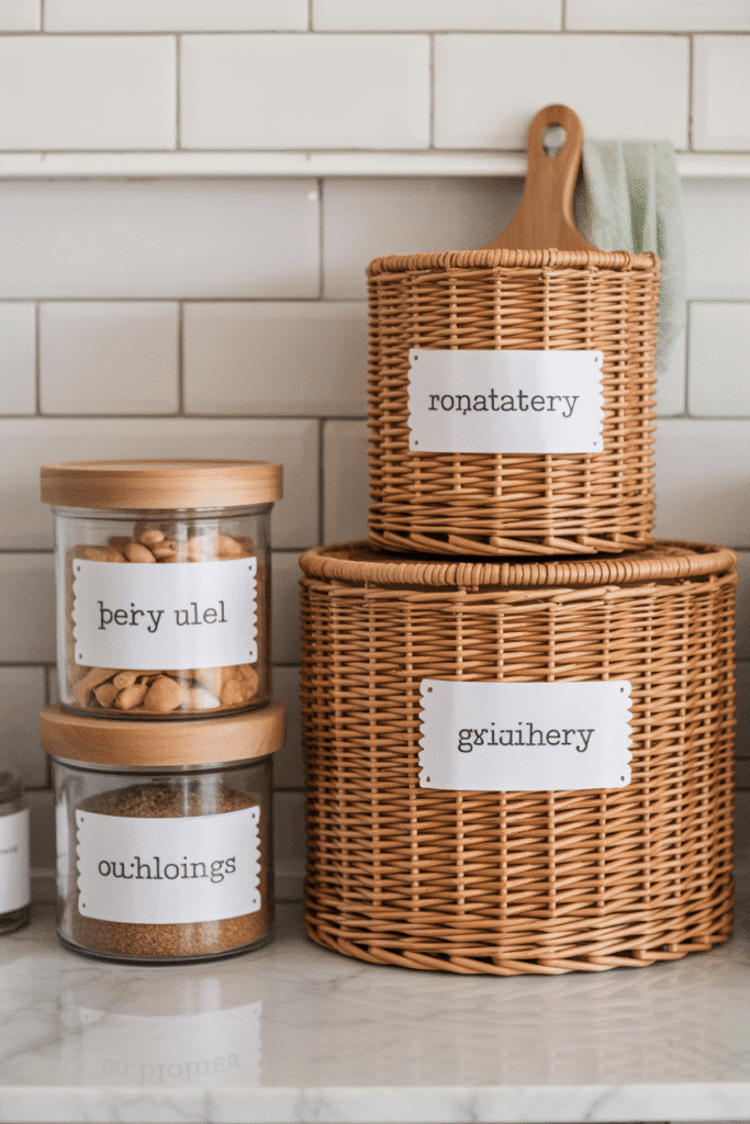 Customizable labeled jars and canisters on the kitchen countertop, adding organization and style to the space