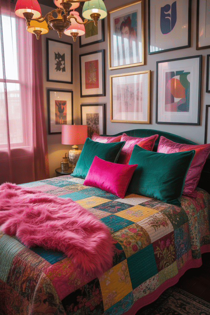 As a part of maximalist decor bedroom ideas this picture shows a maximalist bedroom with bold color combinations like green and pink creating a vibrant and energetic atmosphere