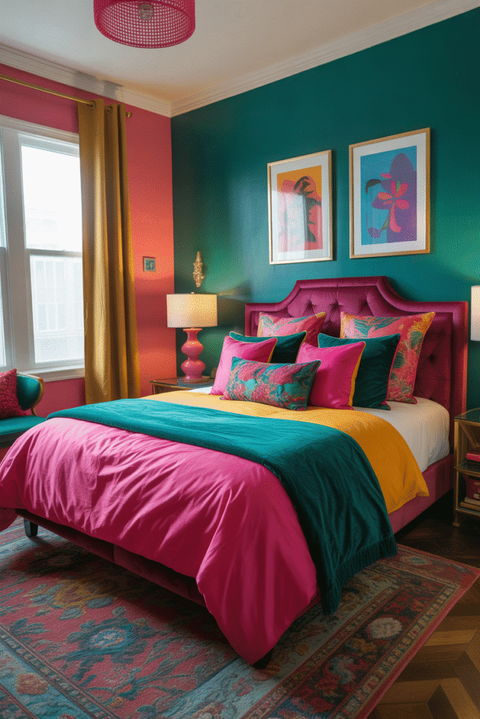 Maximalist bedroom with bold color combinations like green and pink creating a vibrant and energetic atmosphere