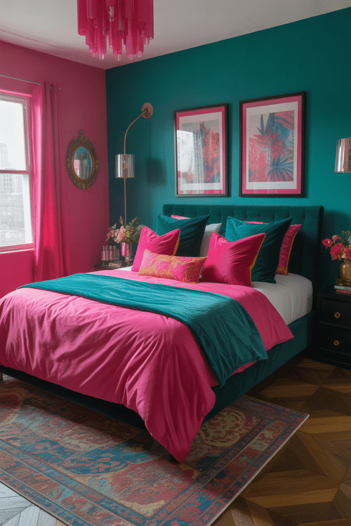Maximalist bedroom with bold color combinations like green and pink creating a vibrant and energetic atmosphere