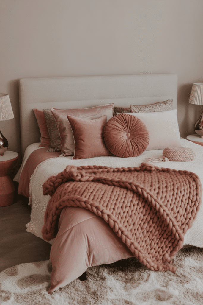 Layered textures on the bed with velvet, satin, and chunky knit fabrics, adding warmth and richness to the room