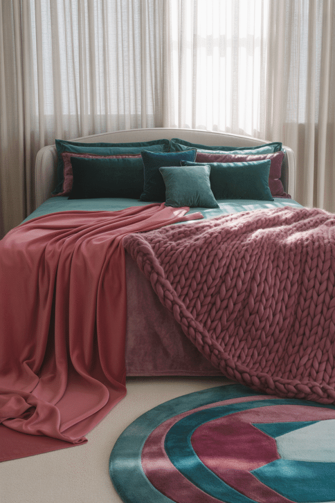 Layered textures on the bed with velvet, satin, and chunky knit fabrics, adding warmth and richness to the room