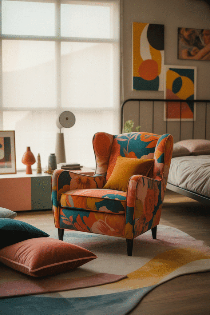 Eclectic mix of vintage and modern furniture pieces in a maximalist bedroom, combining unique styles for a dynamic space