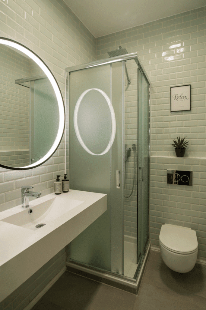 Floor-to-ceiling tiles elongate the walls and create a sleek, spa-like feel.
