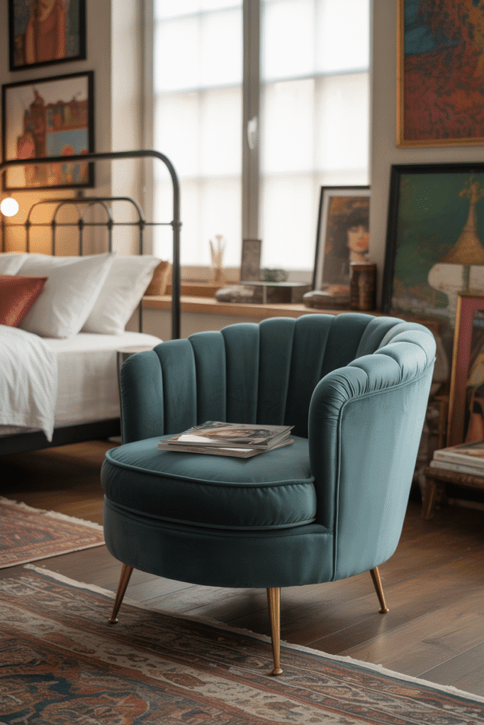 Eclectic mix of vintage and modern furniture pieces in a maximalist bedroom, combining unique styles for a dynamic space