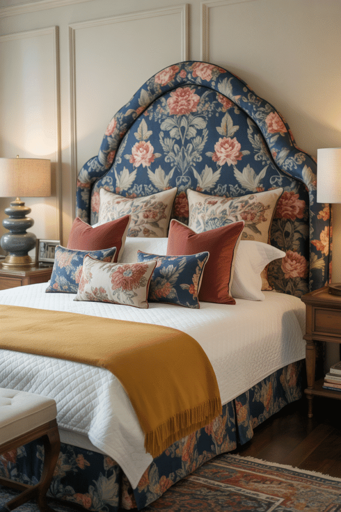 Bold patterned headboard in a maximalist bedroom, creating a striking focal point above the bed