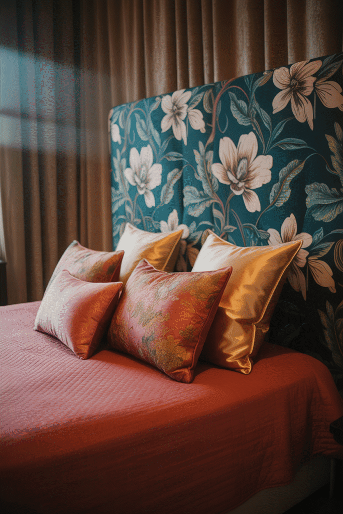 Bold patterned headboard in a maximalist bedroom, creating a striking focal point above the bed
