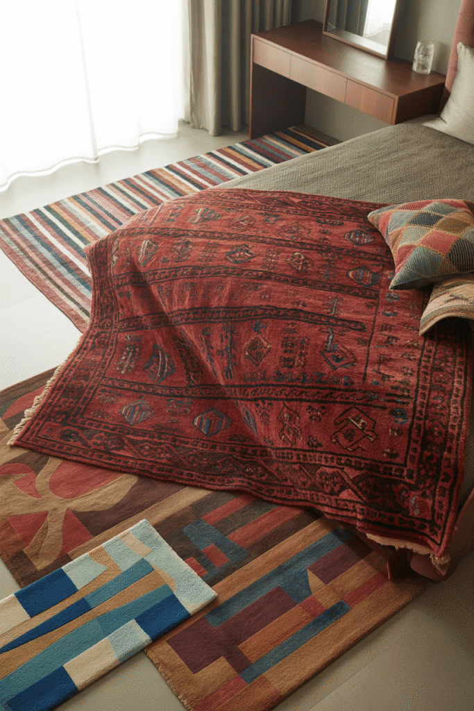 Layered colorful rugs in a maximalist bedroom, adding depth and texture to the floor for a bold and dynamic look