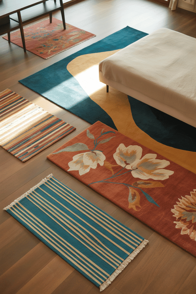Layered colorful rugs in a maximalist bedroom, adding depth and texture to the floor for a bold and dynamic look