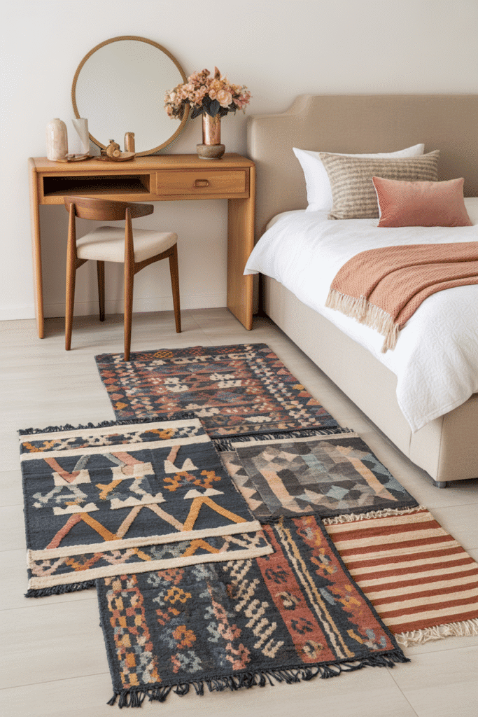 Layered colorful rugs in a maximalist bedroom, adding depth and texture to the floor for a bold and dynamic look