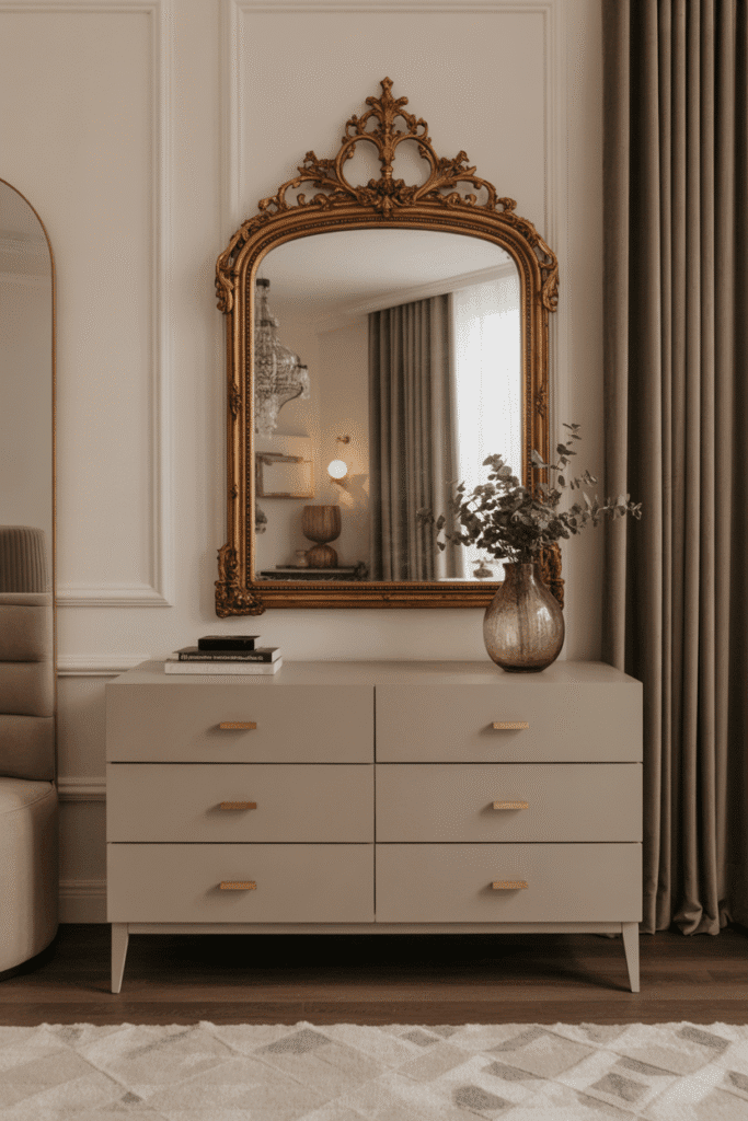 Vintage mirror with an ornate gilded frame above a dresser in a maximalist bedroom, adding elegance and vintage charm