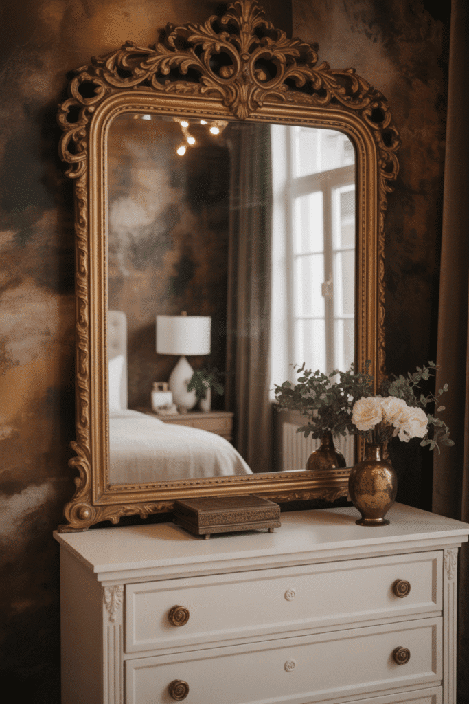 Vintage mirror with an ornate gilded frame above a dresser in a maximalist bedroom, adding elegance and vintage charm