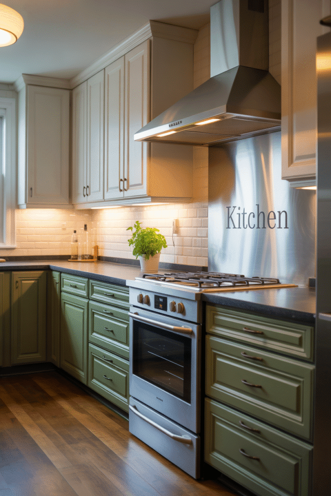 Stylish two-tone cabinetry featuring green base units for contrast and balance.

