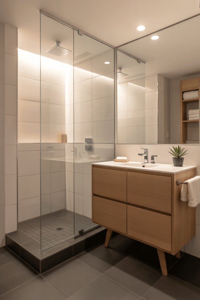 Dark floor tiles add depth and contrast to a bright, small bathroom.
