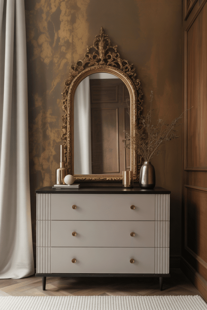 Vintage mirror with an ornate gilded frame above a dresser in a maximalist bedroom, adding elegance and vintage charm