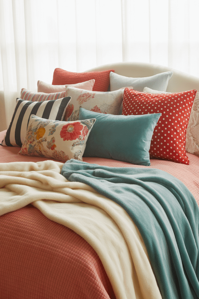 Eclectic bedding with mixed patterns and vibrant colors, creating a playful and cozy maximalist bedroom aesthetic