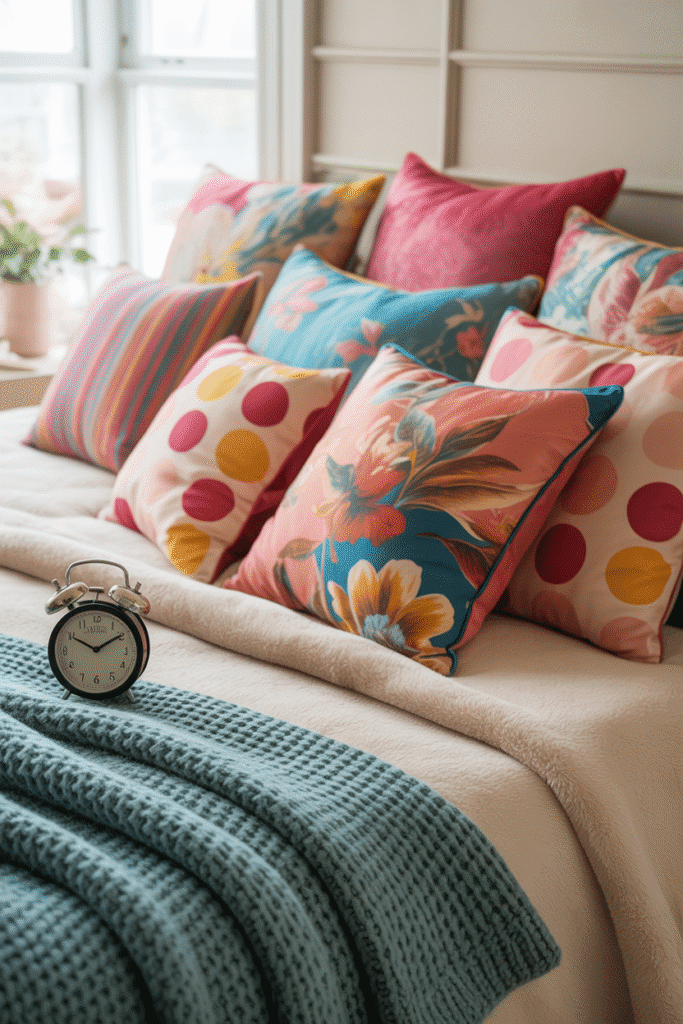 Eclectic bedding with mixed patterns and vibrant colors, creating a playful and cozy maximalist bedroom aesthetic