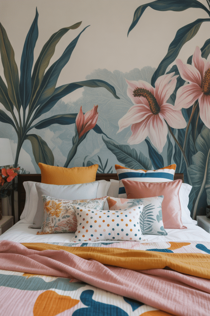 Bold wall mural in a maximalist bedroom, bringing vibrancy and personality to the space with a dramatic design.