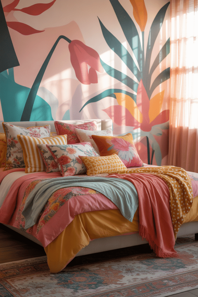 Bold wall mural in a maximalist bedroom, bringing vibrancy and personality to the space with a dramatic design.