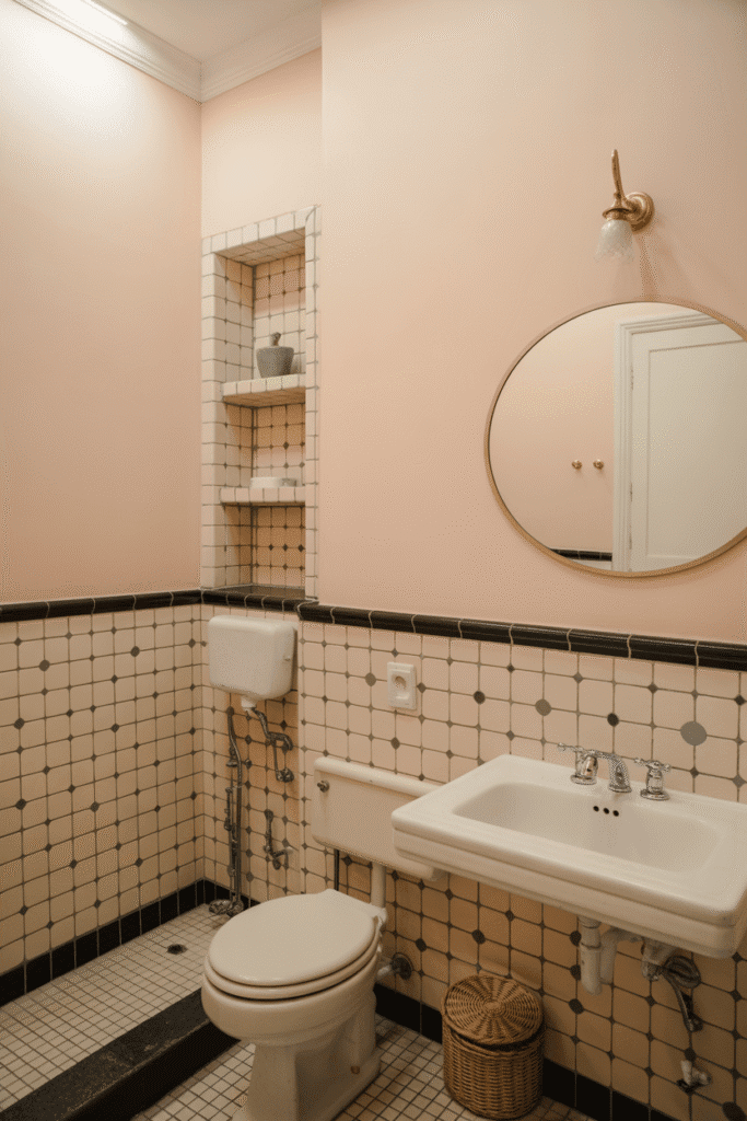 Two-tone wall with tile and paint creates visual height and saves space in a small bathroom.
