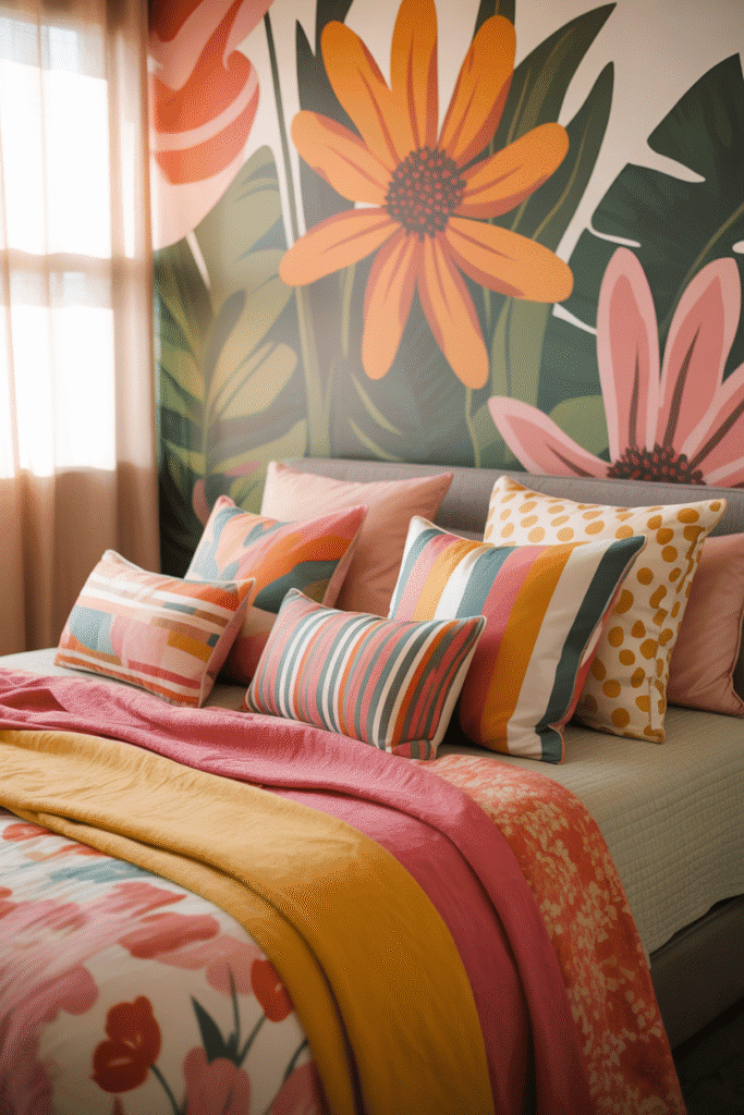 Bold wall mural in a maximalist bedroom, bringing vibrancy and personality to the space with a dramatic design.