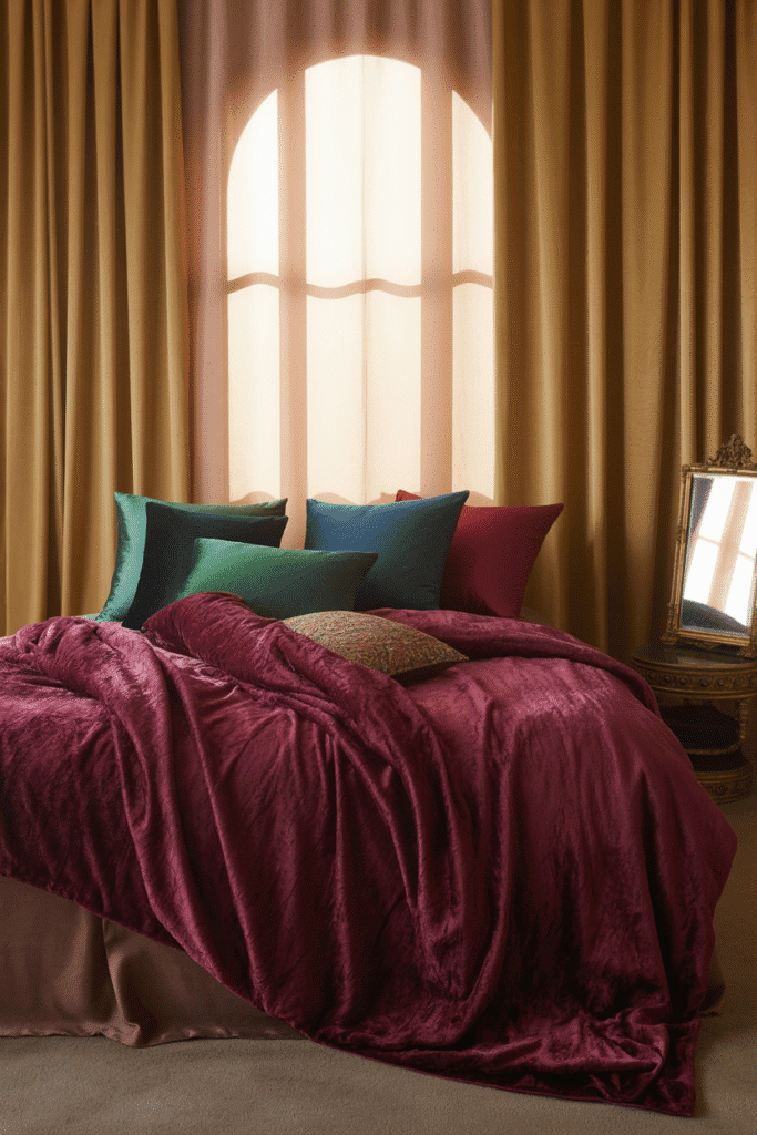Luxurious velvet duvet and satin pillows adding elegance and opulence to a maximalist bedroom design