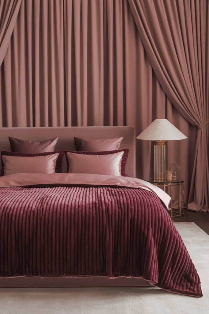 Luxurious velvet duvet and satin pillows adding elegance and opulence to a maximalist bedroom design