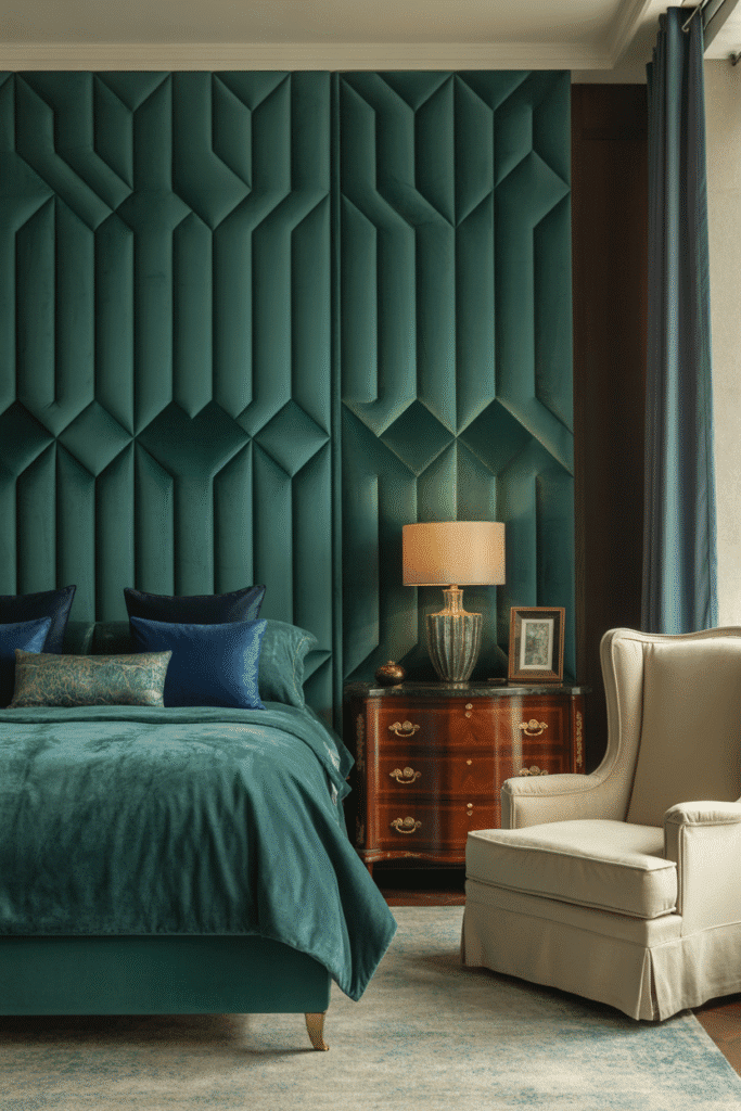 Statement furniture in a maximalist bedroom, with large, bold pieces adding depth and elegance to the space