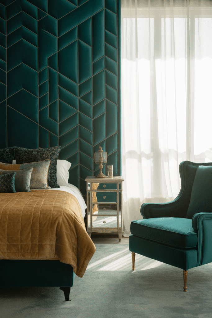 Statement furniture in a maximalist bedroom, with large, bold pieces adding depth and elegance to the space
