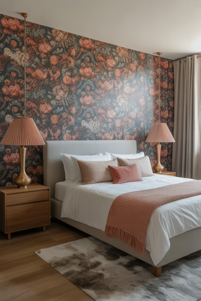 Bold wallpaper in a maximalist bedroom, creating a striking visual backdrop with floral or geometric patterns
