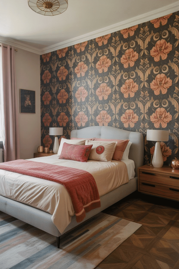 Bold wallpaper in a maximalist bedroom, creating a striking visual backdrop with floral or geometric patterns