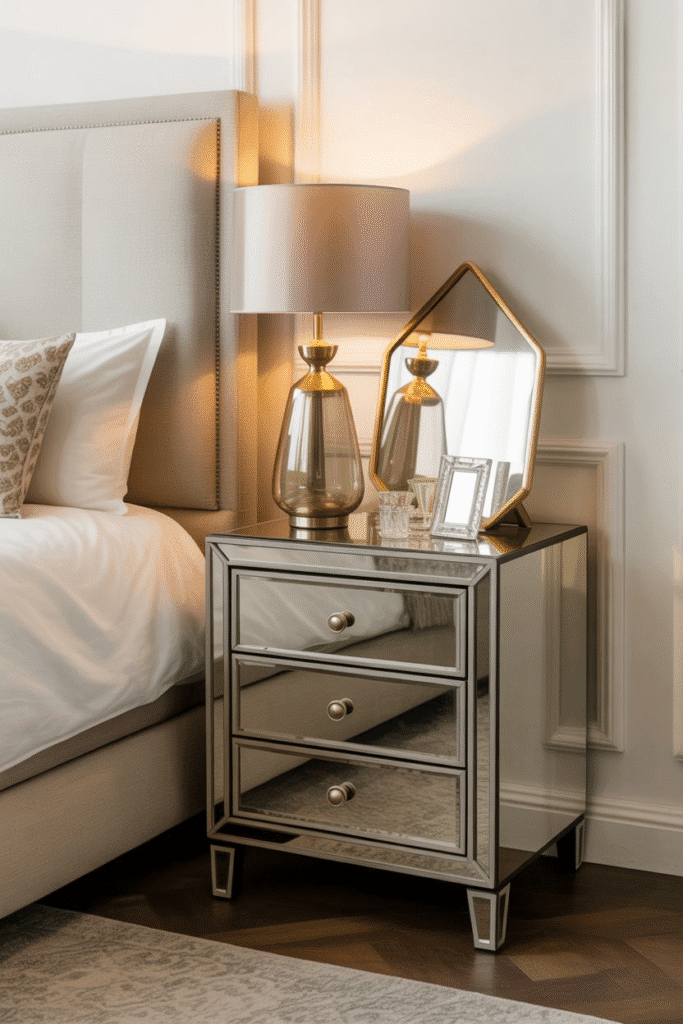 Mirrored and metallic accents in a maximalist bedroom, adding shine and luxury to the decor