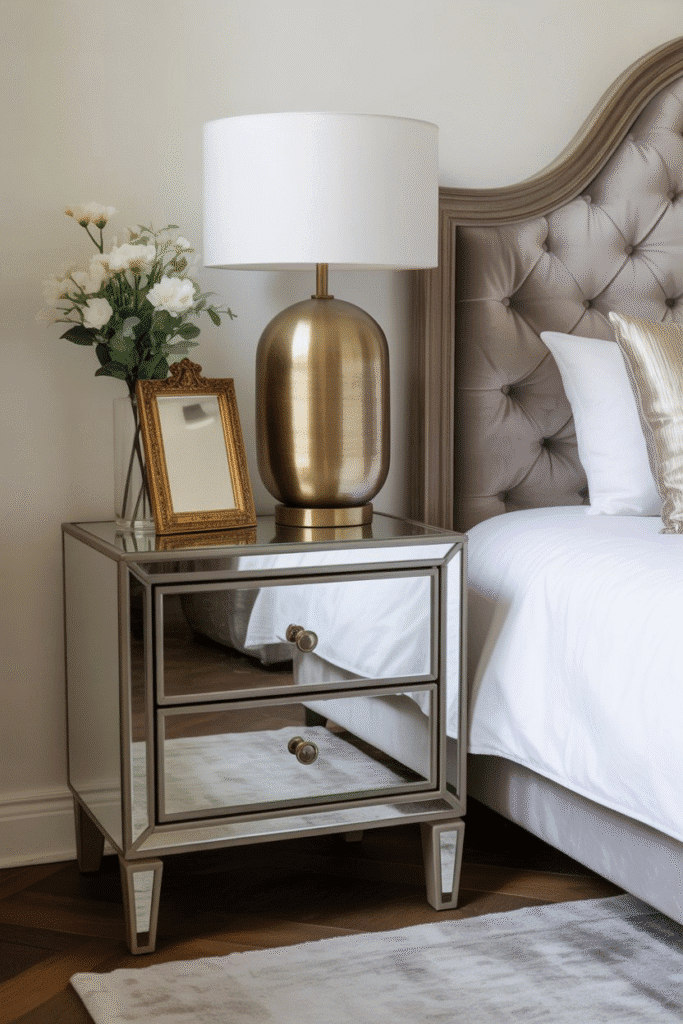 Mirrored and metallic accents in a maximalist bedroom, adding shine and luxury to the decor
