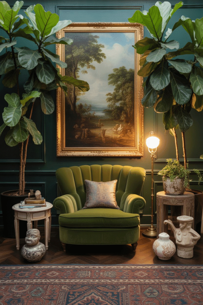 Playful height and scale in a maximalist bedroom, with tall plants and oversized furniture adding dimension and drama