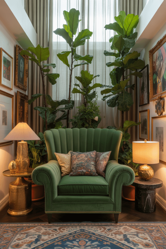 Playful height and scale in a maximalist bedroom, with tall plants and oversized furniture adding dimension and drama