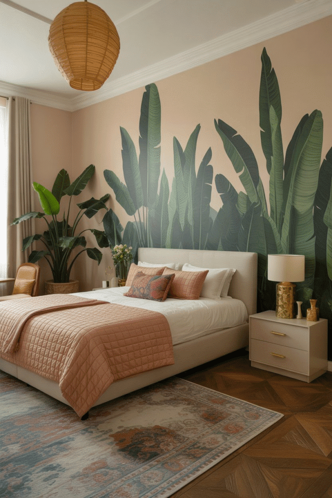 maximalist bedroom with wallpaper