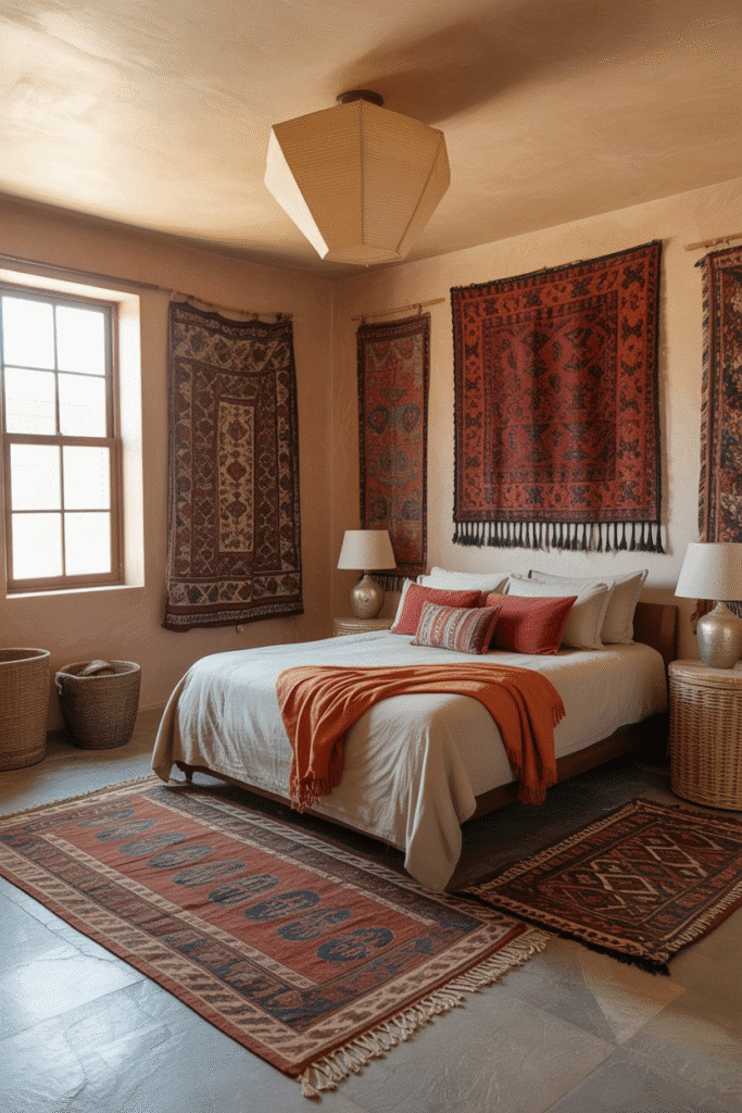 Global-inspired decor in a maximalist bedroom, featuring Moroccan rugs for a worldly touch